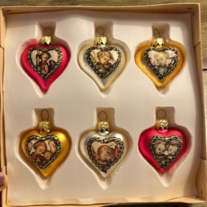 RARE Vtg. W. Germany Joseph Mueller Blown Glass Hummel Heart Shaped Ornaments